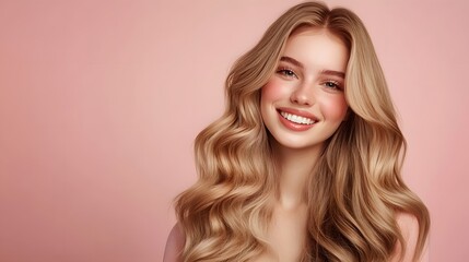 Naklejka premium 4. A stylish image of a smiling young woman with long, well-kept blonde hair, set on a calming pastel background, designed for hair salon advertising and hair care product promotions with ample space