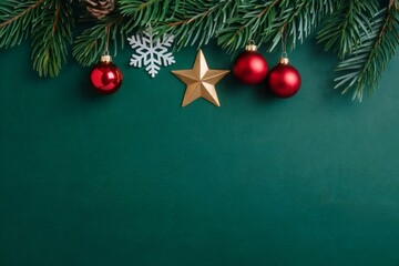 Christmas background with fir tree branches, red balls and snowflakes on green background