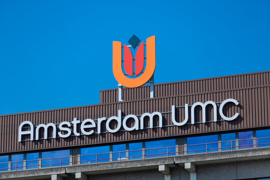 Amsterdam UMC Sign logo on the hospital. Amsterdam UMC is a medical center that combines patient care, scientific research, and education. Amsterdam, the Netherlands. 13 May 2023. 