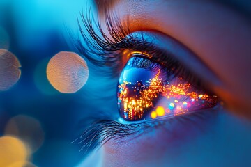 side view of eye reflecting colorfull glowing neon light of cityscape