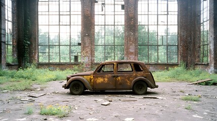Urban Decay Haunting Scene of Fire-Damaged Car and Graffiti-Covered Walls - Industrial Ruins Capturing the Essence of Abandonment