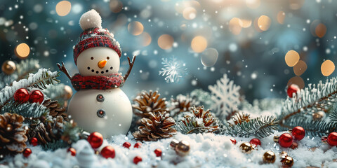 Obraz premium Snowman on the snow. Christmas background with fir branches and cones. Xmas. Happy New Year. Merry Christmas. Greeting card. Festive designs. Holiday. 
