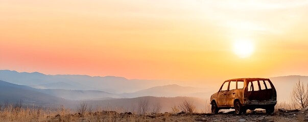 Haunting Beauty of a Fire-Damaged Car in Misty Valley at Dawn - Eerie Sunrise Over a Somber Landscape