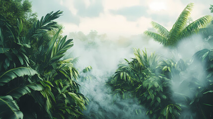 Obraz premium A lush jungle with a cloudy sky in the background, generative ai image. Misty Jungle. Illustration