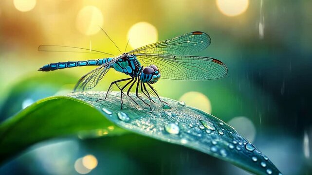 A blue dragonfly rests on a green leaf covered in raindrops during a light shower