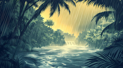 A monsoon rainstorm drenching a tropical jungle, rivers swelling as water rushes through the trees. Tropical Rainstorm. Illustration