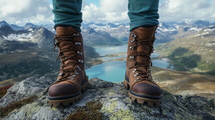 Hiker legs wearing leather boots hiking on high altitude mountain top,with a lake in the distance
