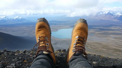 Hiker legs wearing leather boots hiking on high altitude mountain top,with a lake in the distance
