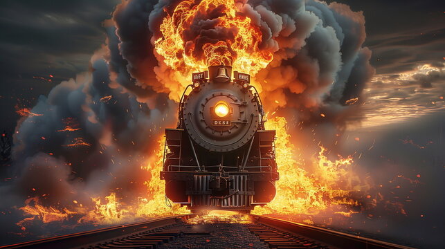 Old locomotive is approaching fast engulfed in flames, billowing smoke and fire coming from the top of its engine. dramatic lighting and a sense of chaos and power. for action-packed movie poster