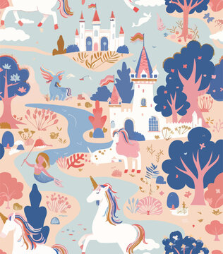 A seamless pattern featuring whimsical unicorns, castles, and enchanted forests in pastel colors. Perfect for children's illustrations, nursery decor, or fantasy-themed designs. The scene includes mag