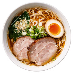 Savory Bowl of Ramen with Tender Pork, Soft-Boiled Egg, Green Onion, and Sesame Seeds