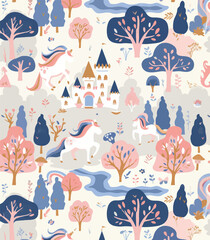A seamless pattern featuring whimsical unicorns, castles, and enchanted forests in pastel colors. Perfect for children's illustrations, nursery decor, or fantasy-themed designs. The scene includes mag