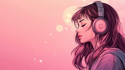 Beautiful anime girl listening to lofi hip hop music with headphones. Manga, cartoon drawing.

