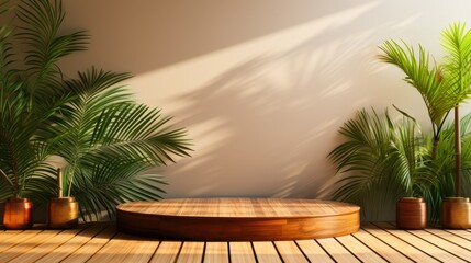 Fototapeta premium A serene indoor setting featuring lush greenery and a wooden platform, perfect for wellness, yoga, or meditation promotions, The warm lighting creates a calming atmosphere for various uses,