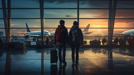 A couple stands together in an airport, watching planes against a colorful sunset backdrop, This image is ideal for travel-related content, showcasing anticipation and connection,