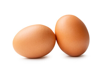 Side view of two fresh brown chicken eggs in stack isolated on white background with clipping path