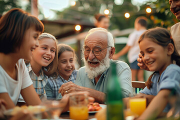 Obraz premium A group of people, including a man with glasses, are sitting around a table