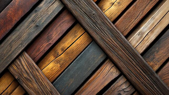 A close-up of rustic wooden planks arranged in a crisscross pattern, showcasing the natural grain and texture of the wood