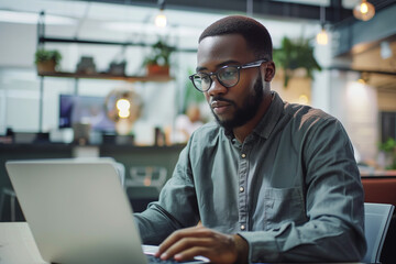 Obraz premium A man wearing glasses is typing on a laptop in a cafe