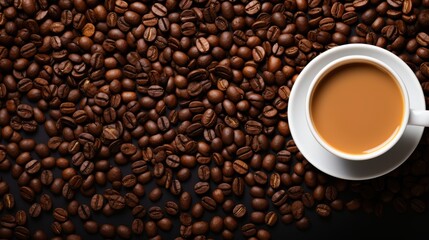 Fototapeta premium A top-down view of a white cup filled with coffee surrounded by roasted coffee beans on a dark background, Ideal for advertisements related to coffee products, cafes, or culinary blogs,