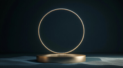 Abstract podium scene with a golden ring and pearls on a dark blue background for product display presentation.
