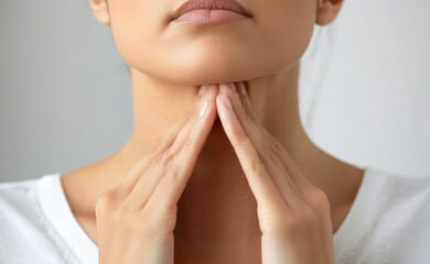 A woman self-examines her thyroid, which may be affected by conditions like goiter, hyperthyroidism, hypothyroidism, tumors, or cancer