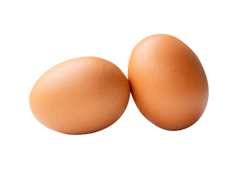 Side view of two fresh brown chicken eggs in stack isolated with clipping path in png file format