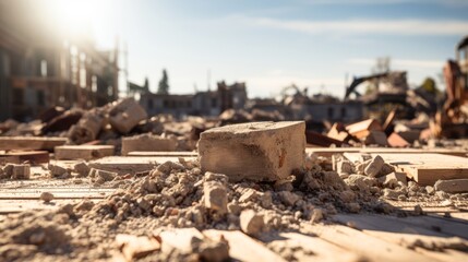 Rubble and debris scatter across a construction site, with a focus on a solitary brick amidst the chaos, capturing the aftermath of demolition