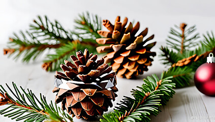 Fototapeta premium christmas decoration balls fir cones rustic holiday look