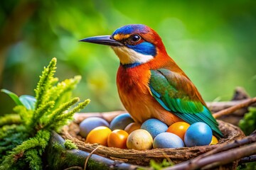 Obraz premium Bird Sitting on a Nest with Eggs in a Natural Habitat, Symbolizing Care and Nurturing in Wildlife Photography