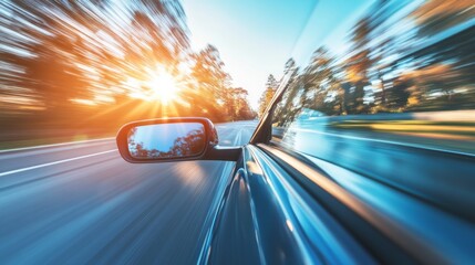 A car drives along a highway at sunset, with the sun shining brightly behind the trees. The image is taken from the perspective of the driver.