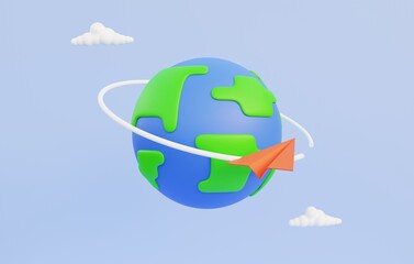 Paper planes fly around the world. The concept of intelligence, exploration, communication, 3d illustration
