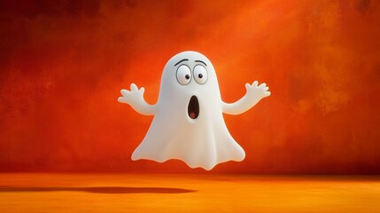 Obraz premium A whimsical, cartoon ghost with a surprised expression floats against a bold orange background, bringing a playful twist to the traditionally spooky figure. 
