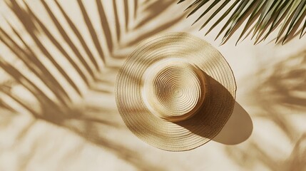 3. A serene flat lay showcasing a straw summer hat on a textured beige background, with the shadows of palm leaves artfully falling across the scene, ideal for printable product mockups with a