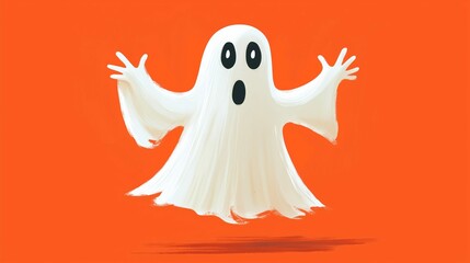 A whimsical, cartoon ghost with a surprised expression floats against a bold orange background, bringing a playful twist to the traditionally spooky figure.
