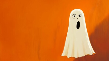 A whimsical, cartoon ghost with a surprised expression floats against a bold orange background, bringing a playful twist to the traditionally spooky figure.
