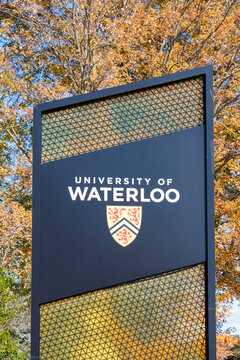 Waterloo, On, Canada - October 10, 2024: University of Waterloo (UW) pylon sign is seen at the main campus entrance in Waterloo, On, Canada on October 17, 2020. UW is a Canadian public university.
