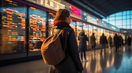 A traveler stands in an airport, gazing at digital flight information displays, This image conveys a sense of anticipation and modern travel, ideal for articles on travel tips or airport experiences,