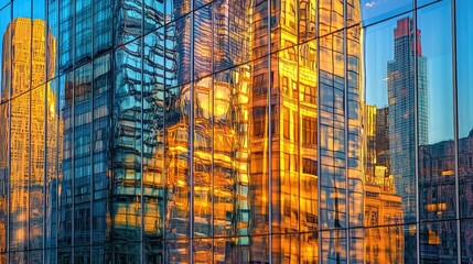 Fototapeta premium A close-up of a glass skyscraper reflecting nearby buildings and streetlights, with a focus on the interplay of light and shadow