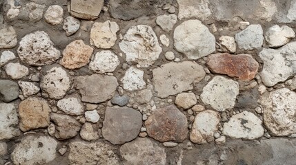 A close-up of a rustic stone wall, made of various sizes and colors of rocks, with some mortar in between the stones.