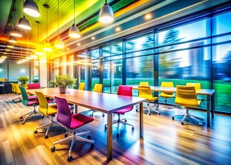 Fototapeta premium Blurred Office Background with Tables and Chairs for Text Insertion, Modern Office Design Featuring Bokeh and Motion