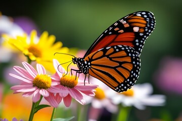 Fototapeta premium Butterflies fluttering around wildflowers in a meadow, showcasing the beauty of small creatures in their natural habitat