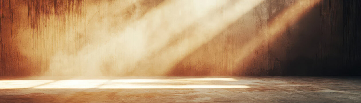 minimal stage setup with soft spotlight and diffuse shadows creates serene atmosphere. warm light enhances textures of wall and floor, evoking sense of calm and creativity