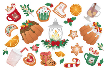 Set with christmas cupcake, homemade cookies, mulled wine, cocoa with marshmallows, glass of milk. Sweet winter holiday dessert. Tasty food vector illustration.