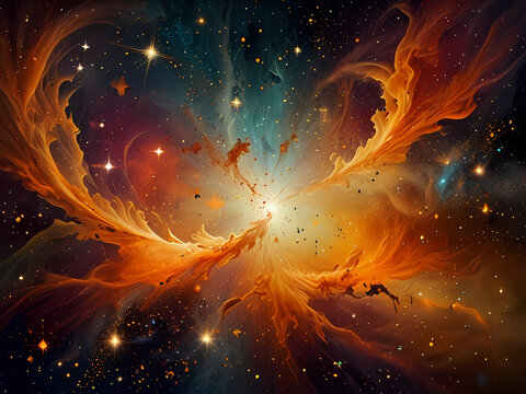 A beautiful illusion of all ideas in cosmos manner with orange and gold, stars and nebulas , energy and soft lines chaotic dance of everything and everywhere