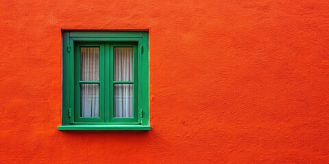 Wide-angle bright background with green window on the orange red wall