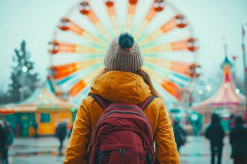 Obraz premium A person stands with a backpack, facing a vibrant Ferris wheel at a lively festival, evoking a sense of adventure.