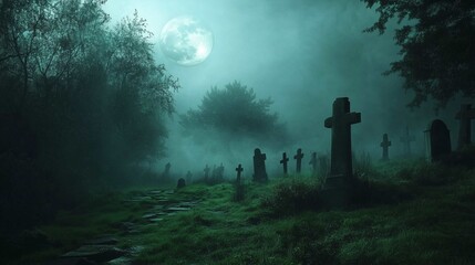 A spooky Halloween scene of a foggy graveyard at night, with a full moon casting a dim glow.
