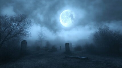 A spooky Halloween scene of a foggy graveyard at night, with a full moon casting a dim glow.
