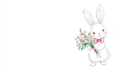 Obraz premium A white rabbit wearing a pink bow tie and carrying a bouquet of flowers against a white backdrop